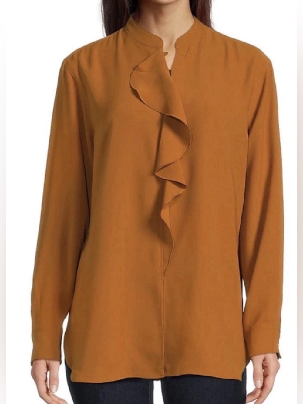 Lauren Ralph Lauren Women’s Ruffle-Trimmed Georgette Tunic/Blouse Brown Sz S NWT